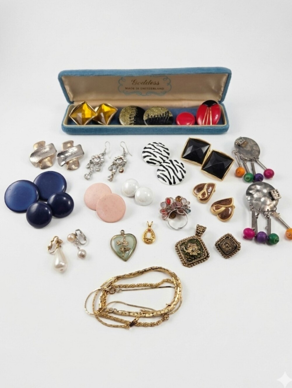 Vintage Mixed Jewelry Lot: 80s Clip-Ons, Gold Plated Stack & Goddess Box